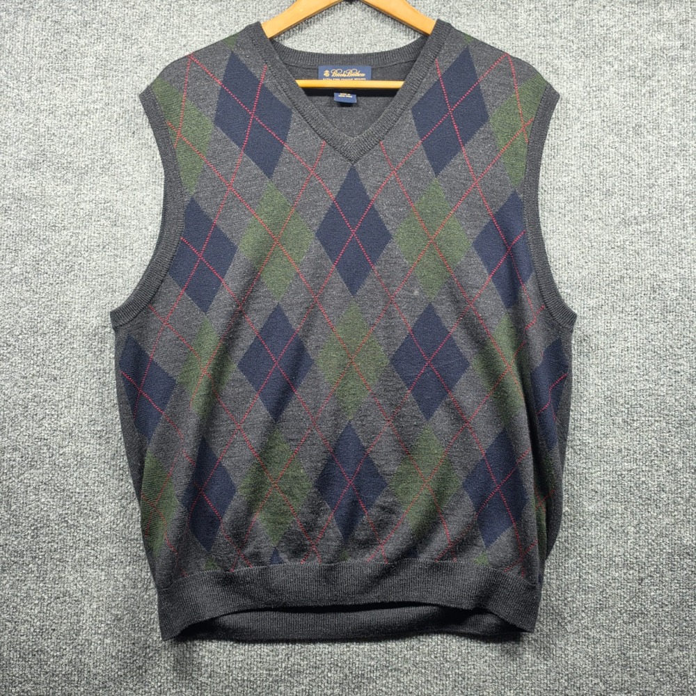 Brooks Brothers Sweater Mens Extra Large Vest Argyle V Neck Fine Merino Wool